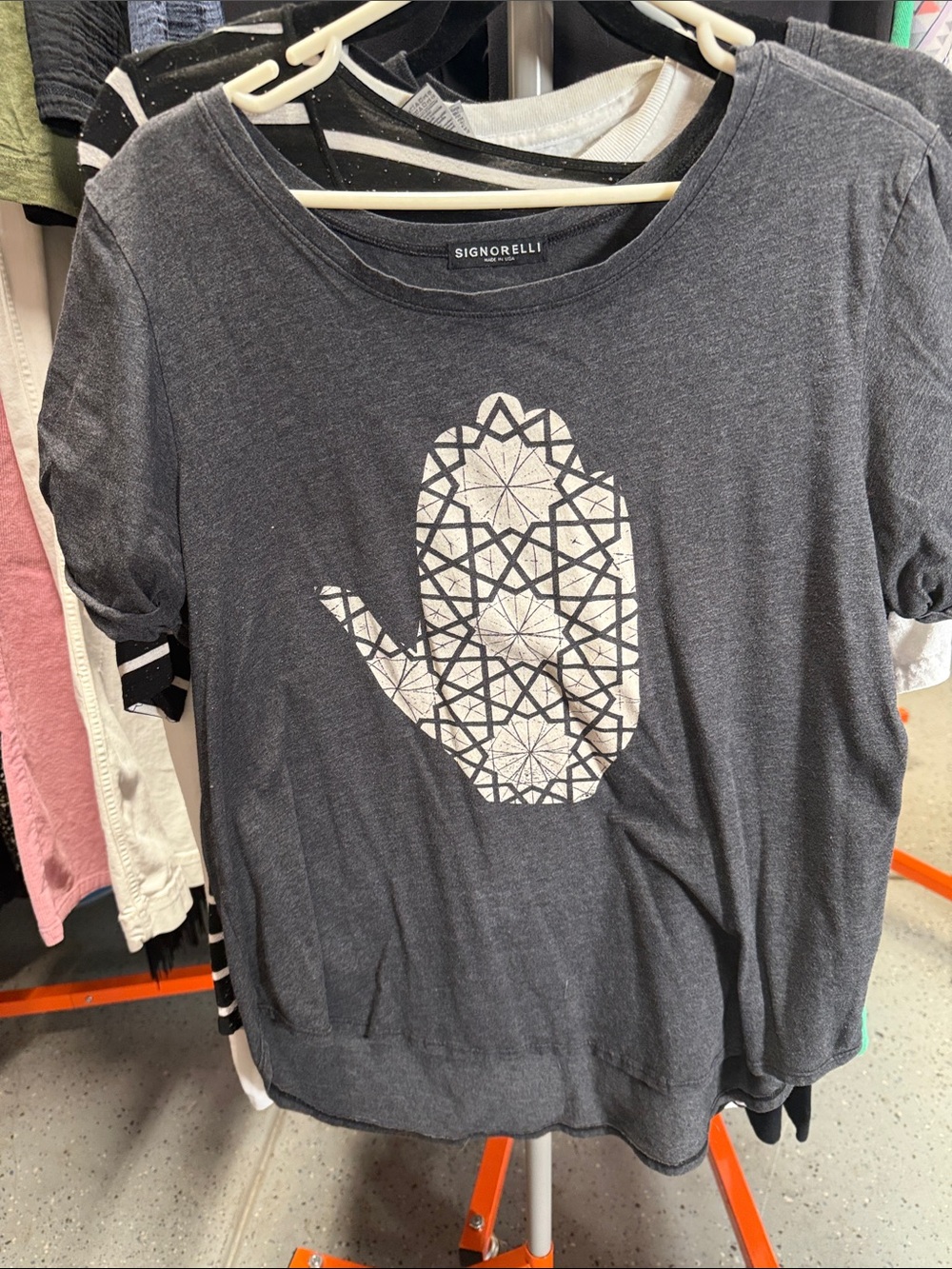 Signorelli Charcoal Short-Sleeve Top with White Hamsa Graphic